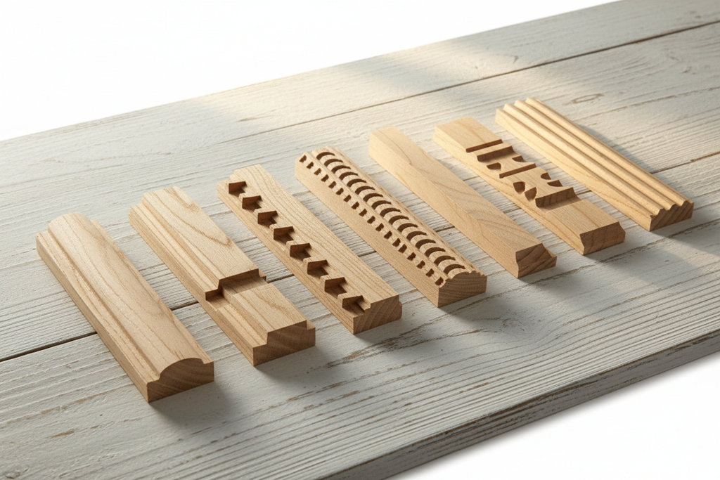 Six moulding profile samples arranged in a staggered flat-lay on white pine, warm studio light revealing crisp edge definition