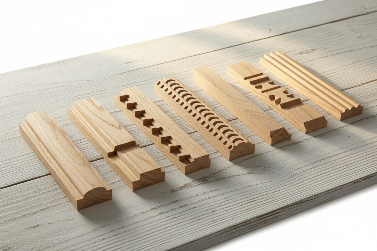 Six moulding profile samples arranged in a staggered flat-lay on white pine, warm studio light revealing crisp edge definition