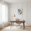 Bright home office with white panel moulding installed in grid pattern on all four walls