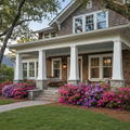 Southern craftsman home front porch with four white square tapered column wraps, porch swing, azaleas blooming
