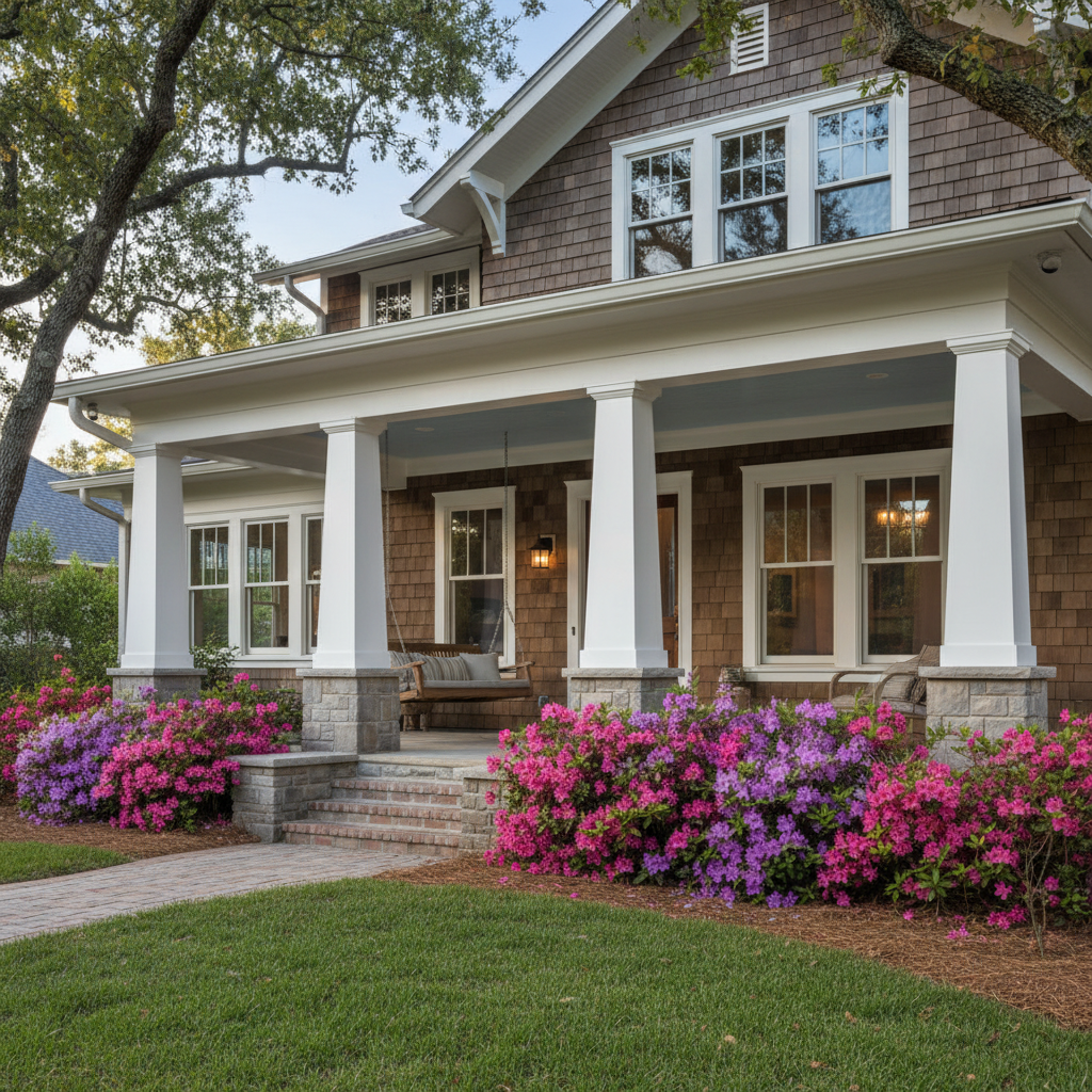 Southern craftsman home front porch with four white square tapered column wraps, porch swing, azaleas blooming