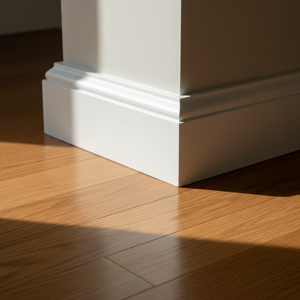 Freshly installed base assembly on hardwood floor with base cap moulding stacked on baseboard