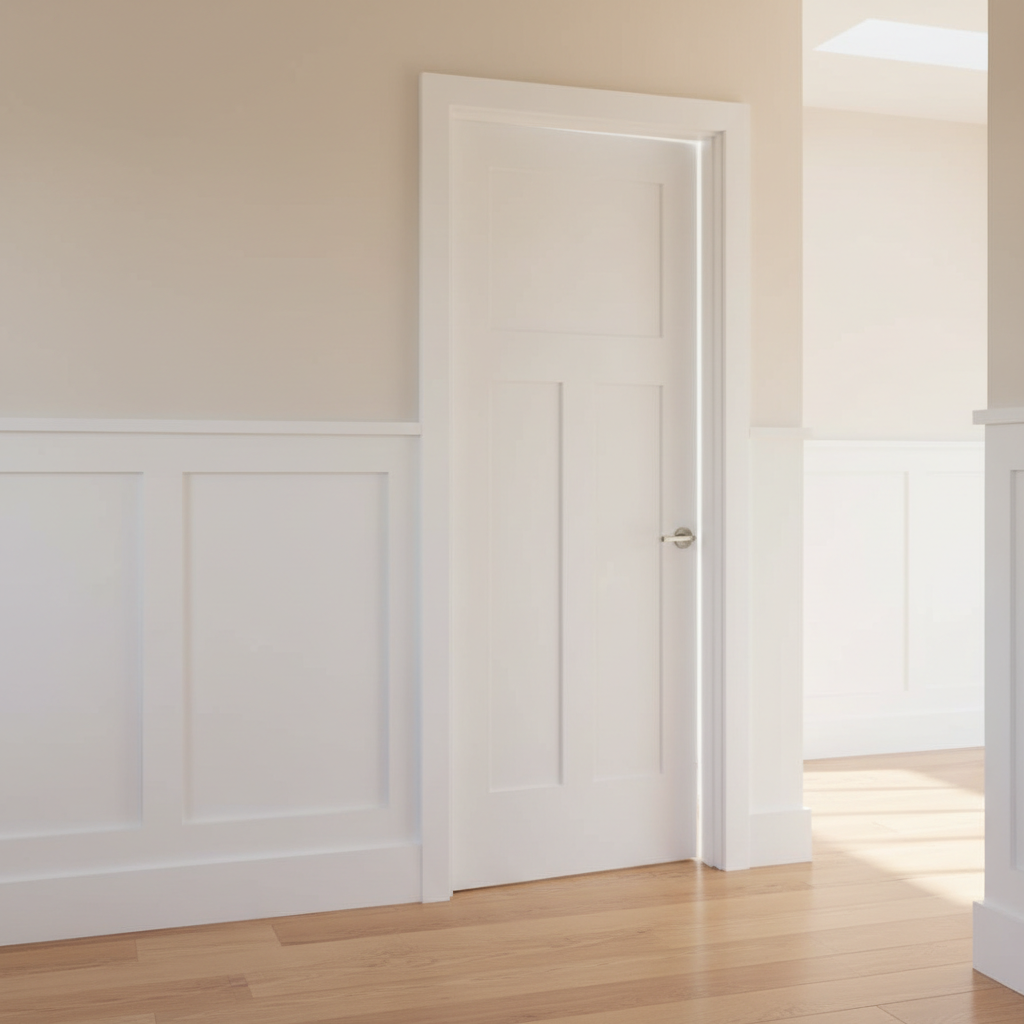 Bright hallway with solid pine 5-panel shaker door slightly ajar, white paint, brushed nickel lever handle