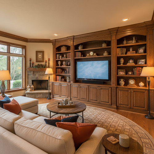 Warm family room with 96 inch floor-to-ceiling built-in entertainment center, TV mounted, crown moulding to ceiling