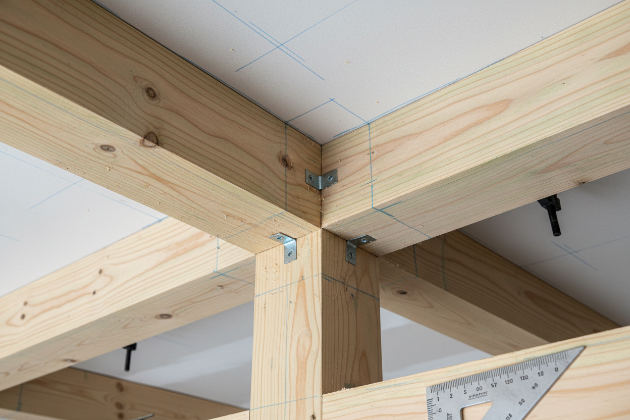 Close-up of two coffered ceiling beam intersections mid-installation, raw poplar beams at a perfect 90-degree corner joint with carpenter's speed square