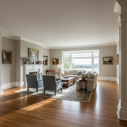 Wide living room with built-up 3-piece baseboard running along perimeter on hardwood floors