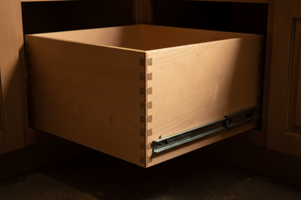 Close-up of open base cabinet showing dovetail drawer box fully extended on undermount slide, solid maple dovetail joinery clearly visible