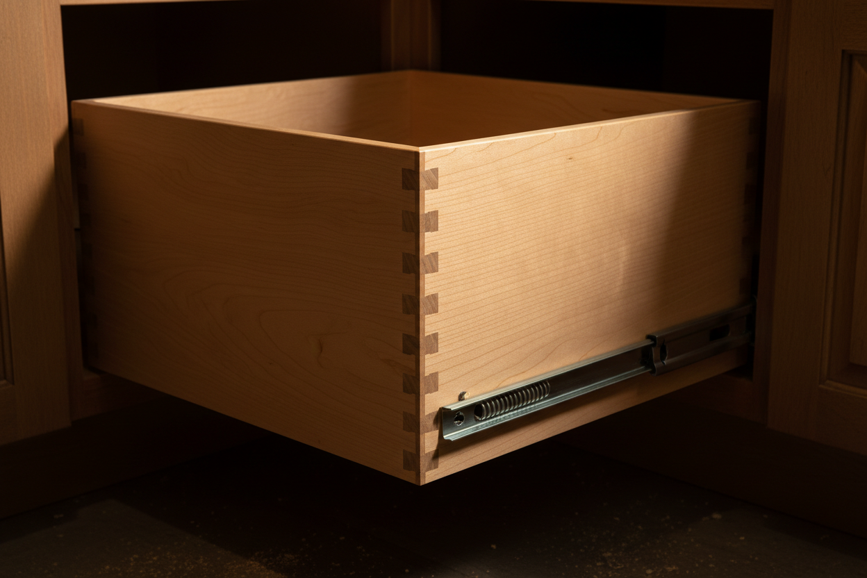 Close-up of open base cabinet showing dovetail drawer box fully extended on undermount slide, solid maple dovetail joinery clearly visible