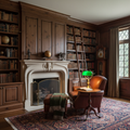 Traditional home library with full-height pine tongue-and-groove wall paneling, dark walnut stain, built-in bookcases and fireplace