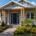 Craftsman-style home exterior with primed pine door casing around dark navy front door in Florida sunlight