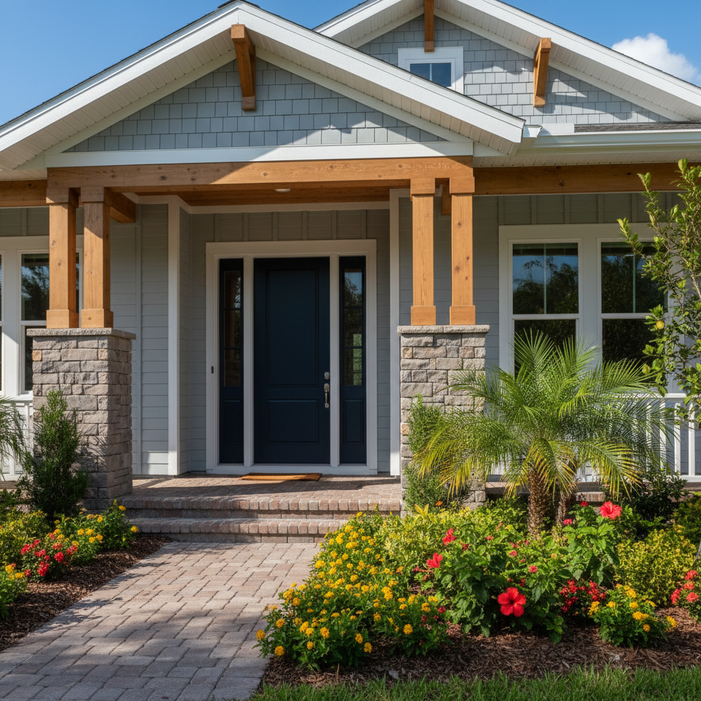 Craftsman-style home exterior with primed pine door casing around dark navy front door in Florida sunlight