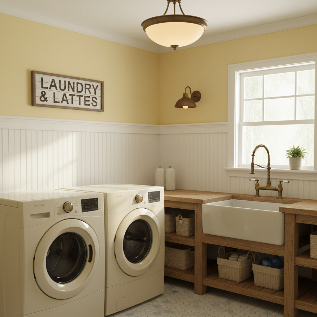 Bright laundry room with white beadboard wainscoting installed on all walls with top rail and cap moulding