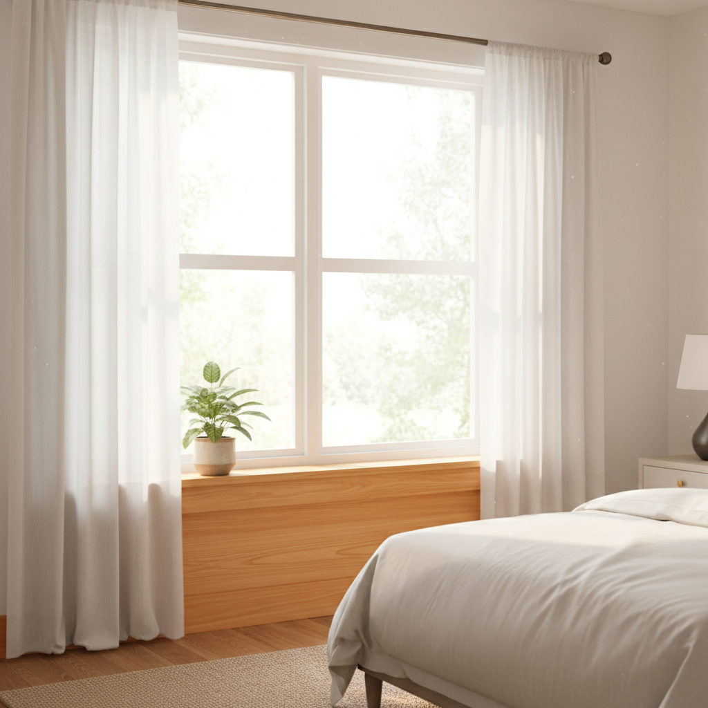 Bright bedroom with pine window stool and apron installed below double-hung window with sheer curtains