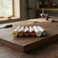 Six wood putty filler sticks fanned out on stained pine board