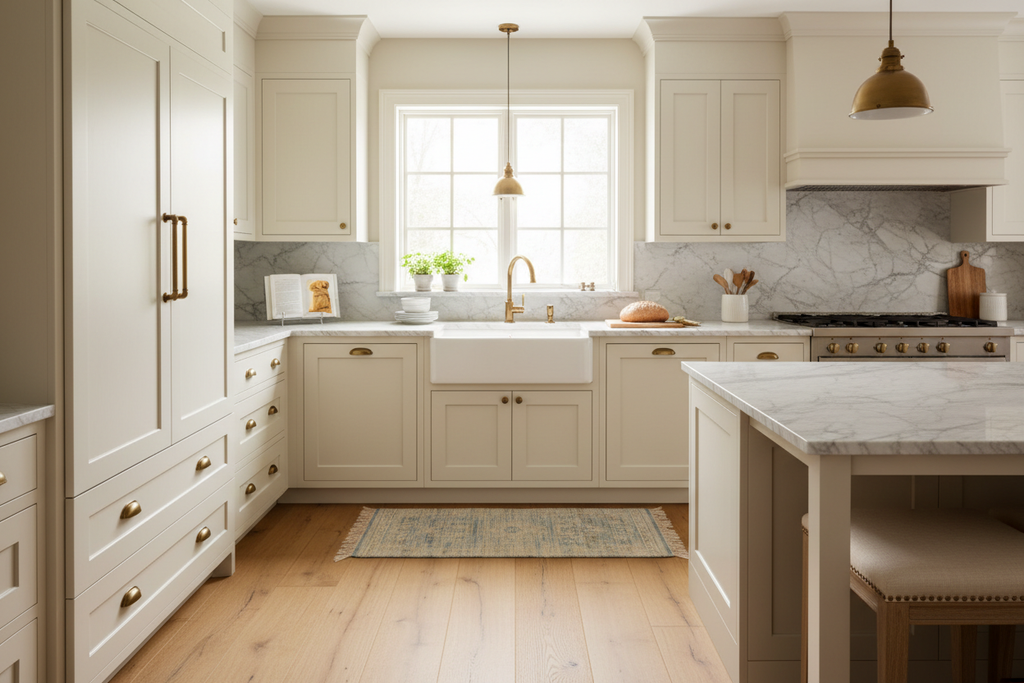 Installed 10-piece maple kitchen cabinet suite with creamy white painted finish, inset shaker doors, antique brass cup pulls, marble countertop, and farmhouse sink