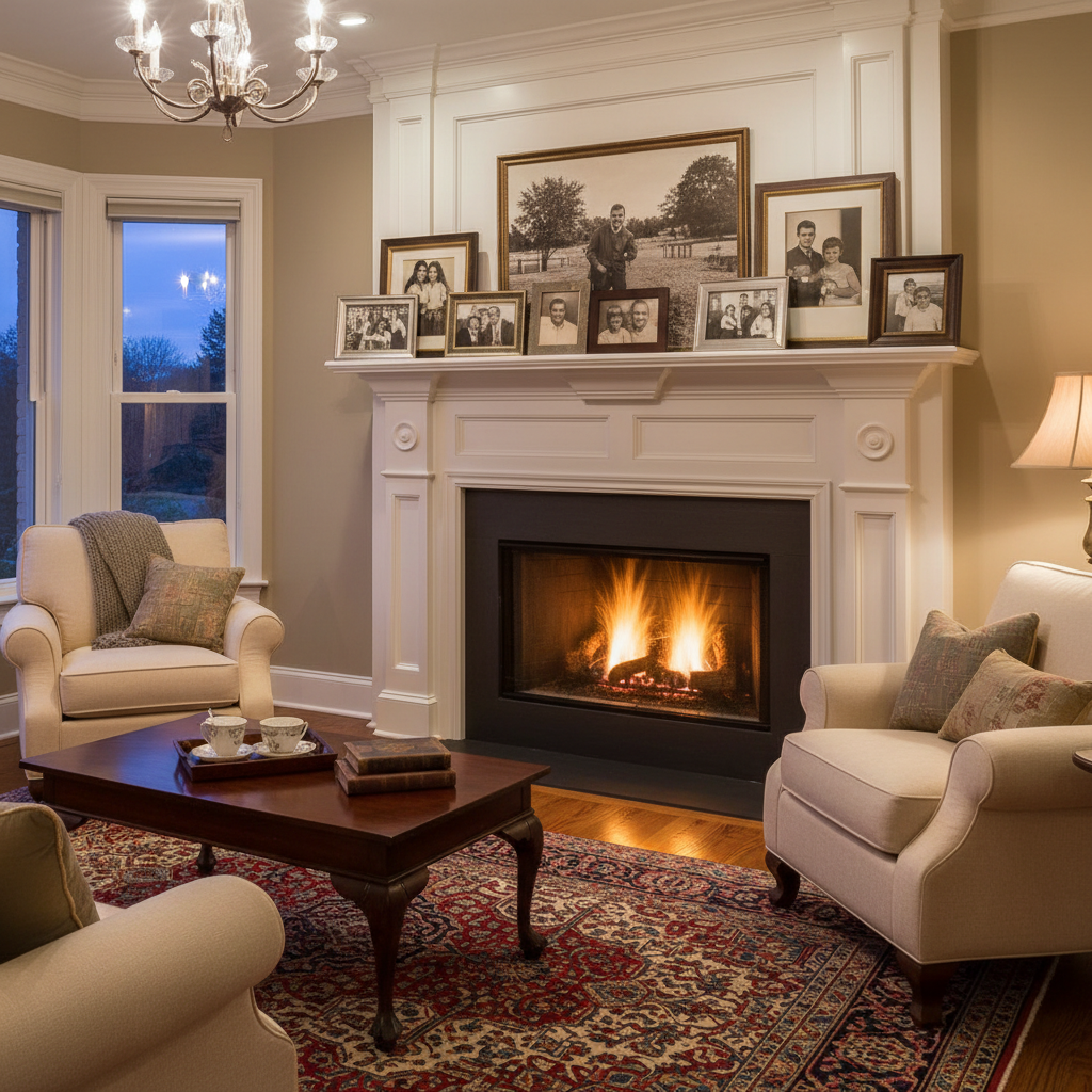 Cozy living room with custom white fireplace mantel surround, fire glowing, framed photos on shelf