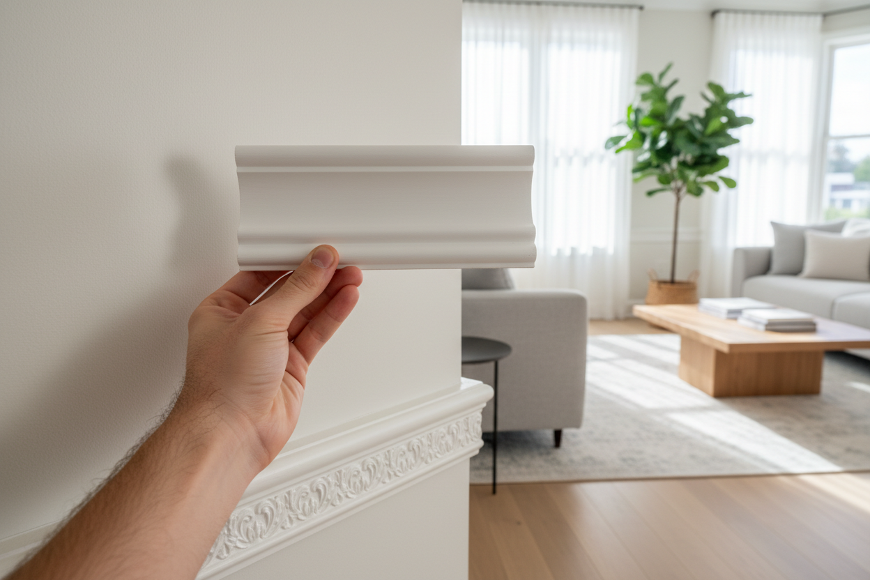 Designer's hand holding crown moulding sample against interior wall corner, comparing profile shadow line to existing baseboard